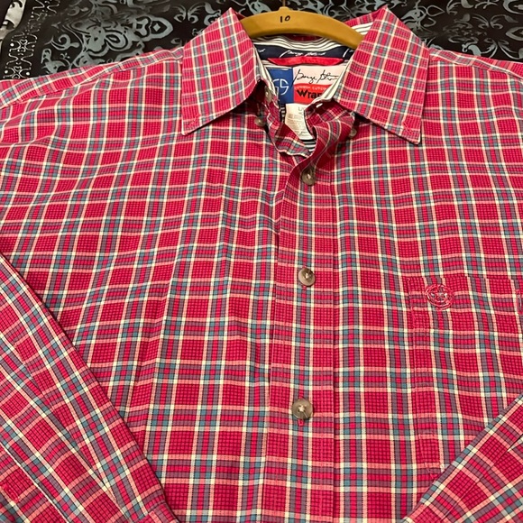 Wrangler George Strait Pink Blue Plaid Long Sleeved Western Shirt Large - Picture 4 of 8